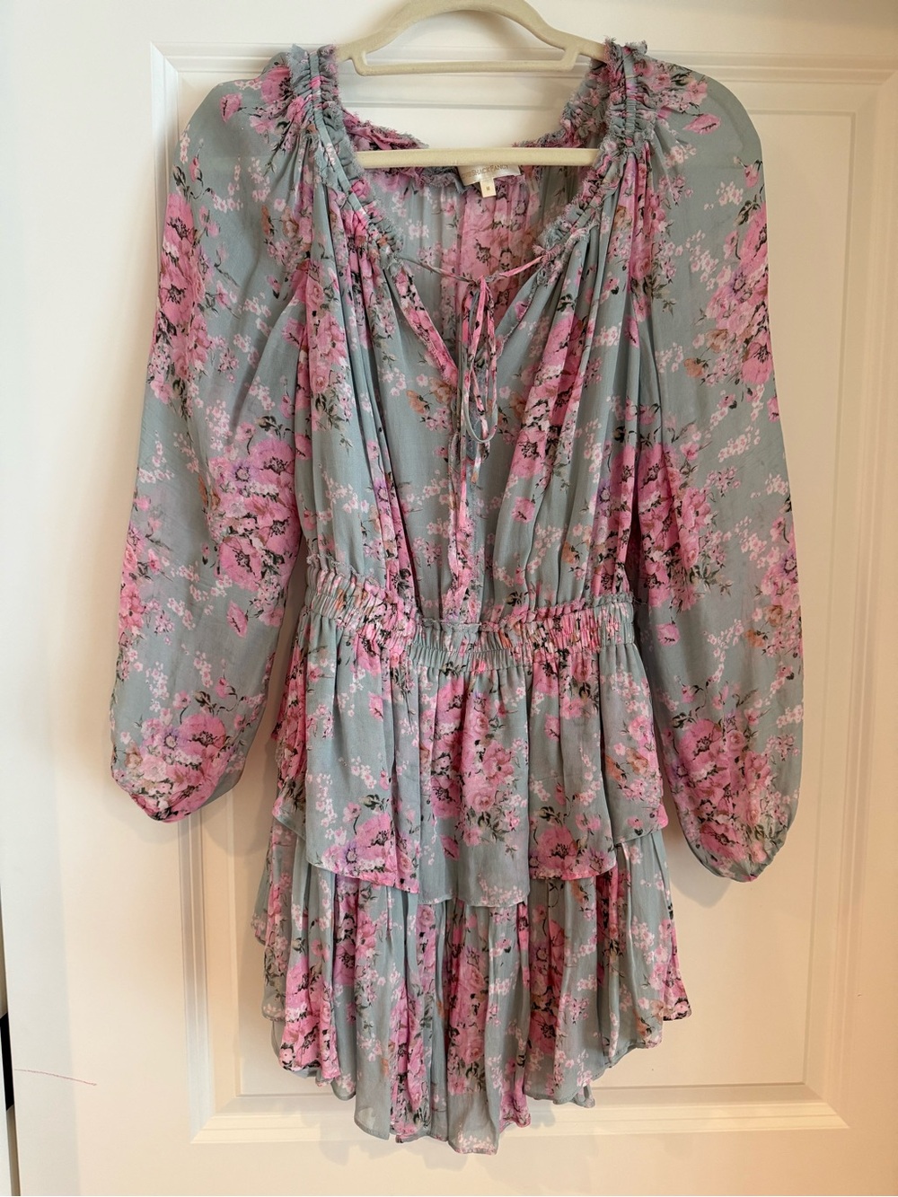 LoveShackFancy Pink Floral Ruffle Mini Dress with Mint Accents